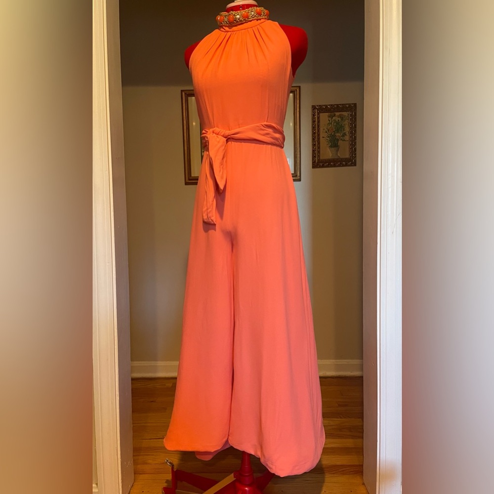 VTG 60s / 70s Coral Halter Wide / Balloon Leg Jumpsuit W Embellished Collar - Picture 1 of 13